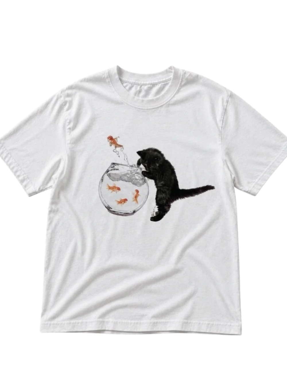 Gildan White Tee with Black Cat and Orange Goldfish Graphic